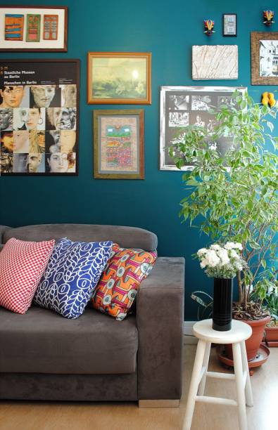 Sala de Estar com arranjo de quadros e almofada de estampas.