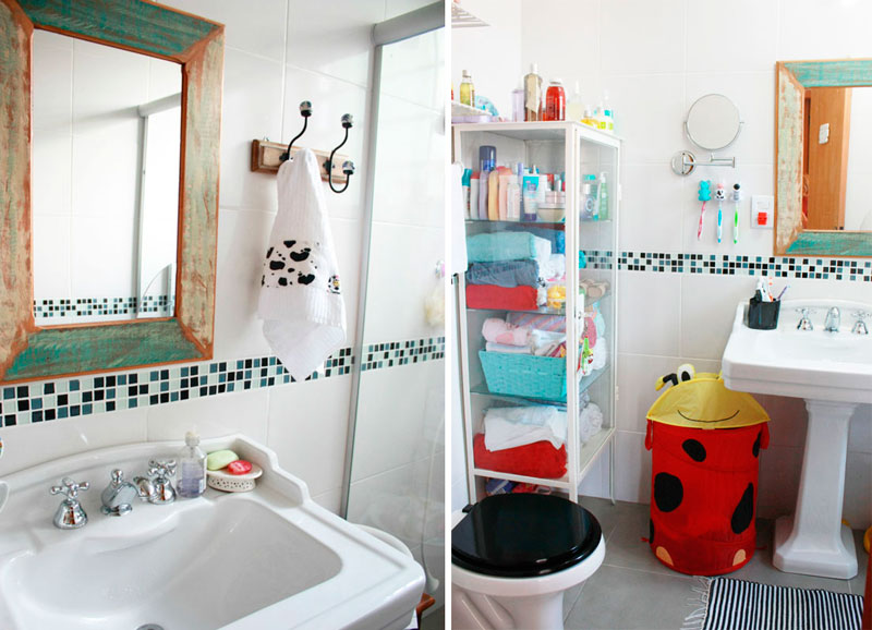 Mara Porto foi quem decorou o banheiro de sua casa. Para renovar o ambiente, ela utilizou detalhes coloridos nas pastilhas e vermelho, amarelo e azul nos acessórios. Dica da redação: quem tem uma bancada pequena e possui crianças em casa pode fazer que nem a Mara e deixar as escovas de dente na parede. A moradora utilizou bichinhos de plástico com ventosas. Não ficou fofo?