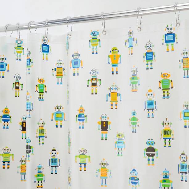 Robôs não podem ser molhados, mas servem para decorar o banheiro. A cortina em plástico tem um montão de robozinhos coloridos estampados pelos 182 x 182 cm de tamanho. Na Inter Design, o preço é de US$ 16.99.