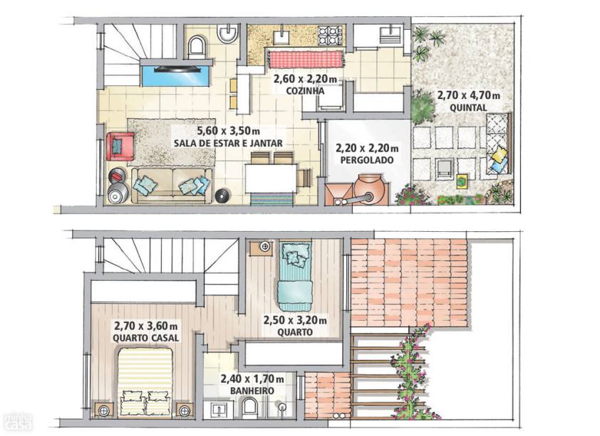 Com 40 m², o piso térreo abriga sala de estar, de jantar, lavabo, cozinha e um convidativo quintal nos fundos. Sob o pergolado, onde já havia uma churrasqueira entregue pela construtora, Camila e Rafael construíram seu sonho de consumo: um forno para assar pizzas. Diante da casa, há um jardim e a entrada para o carro. Pela escada da sala se acessa o segundo pavimento, de 32 m², que abriga o quarto do casal, o segundo dormitório, reservado ao filho que pretendem ter, e o banheiro.