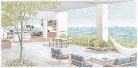 Terra&ccedil;os amplos e integrados ao living formam uma grande sala de estar.