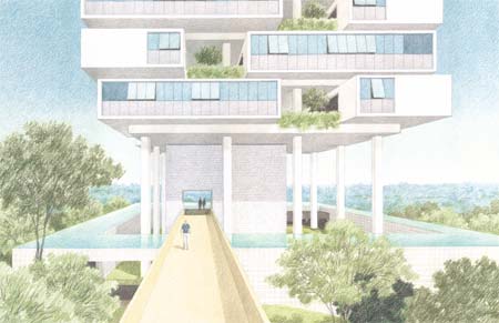 A entrada do pr&eacute;dio &eacute; rodeada por um espelho d'&aacute;gua e a passarela leva o v...