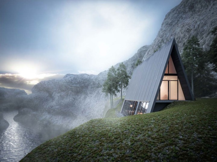 Arquitetura de casa moderna construindo no penhasco da montanha