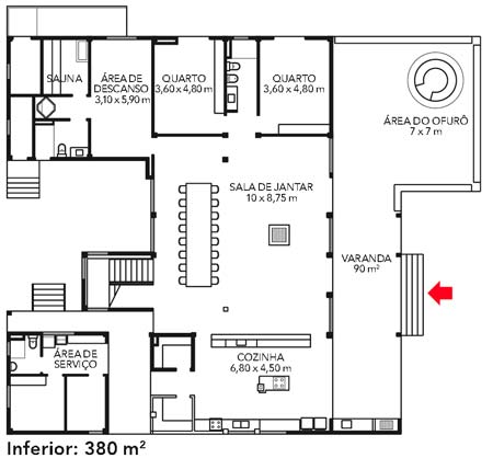 Sala de jantar, sauna e quartos ficam no piso inferior.