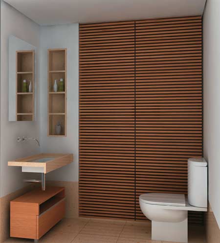 O limestone mont dore comp&otilde;e o piso e os nichos ao lado da bancada, atr&aacute;s d...