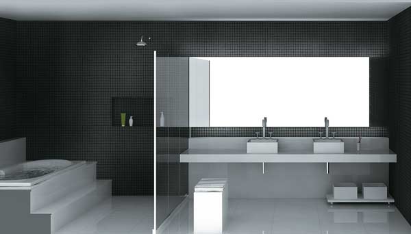 As paredes t&ecirc;m mosaico de vidro e o piso, que avan&ccedil;a at&eacute; a bancada, recebe...