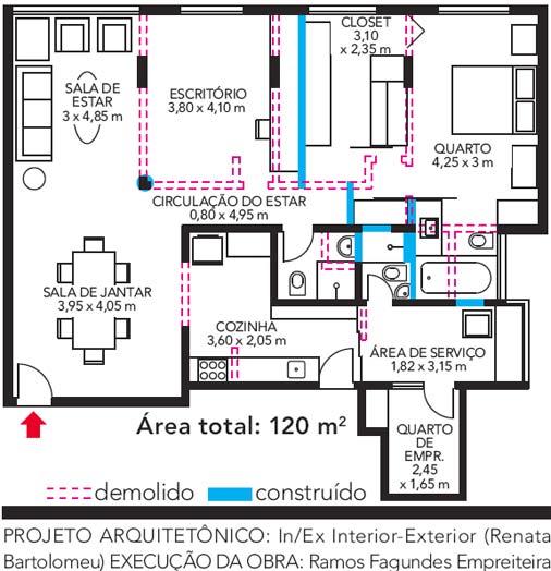 A planta original de três quartos foi adaptada para se transformar em um amplo quarto-e-sala. Um dos cômodos foi totalmente integrado ao estar, virando escritório da moradora. Outro foi anexado à suíte, que ganhou closet e estante em frente à cama, com nicho para TV.