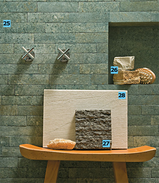 Para qualquer ambiente da casa, a Greenstone Hijau vem em placas (5 x 20 cm), o que facilita o assentamento. A aplicação de fungicida mantém a cor. A partir de R$ 210 o m², na Asiapedras.26. Os blocos com medidas variadas da Pedras Morumbi são utilizados até como revestimento de lareira. O Mosaicão Sete Lagoas (esverdeado) e o Madeira Amarela têm o m² vendido por R$ 100 e R$ 155, respectivamente.27. Com 2 cm de espessura (que permite o uso em pisos e paredes), o travertino black, da Pedras Primavera, custa R$ 1 200 o m².28. Vendido em placas cortadas sob medida, o quartzito branco da Pedras Interlagos vale R$ 180 o m².Dica: como são muito resistentes, as pedras podem ser limpas com água e sabão. Atenção ao assentamento, que pede argamassa especial para aguentar o peso.