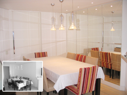 Sala de jantar depois. A sala de jantar recebeu tapeçaria nas cadeiras e um novo painel de espelhos para ampliar o ambiente. Essas soluções fizeram toda a diferença neste ambiente.