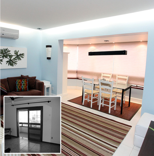 Sala depois. A varanda foi incorporada ao living. Para iss o, foi necessário ampliar os nivelamentos do piso e do vão da esquadria. O resultado foi um espaço que reúne estar, jantar e churrasqueira. O forro de gesso colaborou para a integração da área, além de permitir a utilização de iluminação indireta (com lâmpadas fluorescentes T5). Para o piso, o arquiteto Fábio Dikesch optou por porcelanato offwhite, de 45 x 90 cm. A cartela de cor baseou-se no azul claro para as alvenarias; e, no marrom, para os objetos e móveis. O tapete do living é feito em sisal tingido. As tradicionais cadeiras de palha foram pintadas de branco para harmonizar com o restante dos móveis. As persianas também estão em tons naturais. Outro elemento que chama a atenção é a arandela de papel artesanal na sala de estar.
