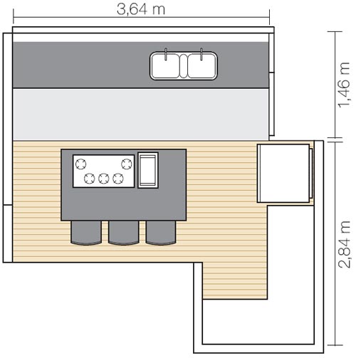 Fogão cooktop e grelha ocupam a ilha central, de 1,80 x 1 m, usada ainda como balcão de refeições rápidas e para acomodar convidados. A geladeira e o forno foram alocados na parede de 2,84 m de largura, que pertencia à lavanderia.