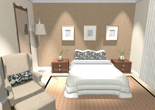 O projeto de Everton Amaranto, feito no software VDMax, é direcionado para um casal de meia-idade. O designer de interiores de Sorocaba (SP) optou por toques clássicos, como o roda-teto, a luminária de piso e a poltrona.