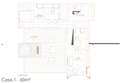 A planta baixa da Box House permite visualizar a estrutura modular do projeto. Para o arquiteto, o essencial em áreas pequenas é garantir o conforto. “Nesses projetos, não pode haver desperdício de espaço, tanto na horizontal como na vertical. Utilizar um beliche ou aproveitar os espaços sob a cama pode fazer toda a diferença, sem abrir mão do design”, aponta.