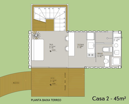 Com a área total de 45 m², o projeto é composto por dois pavimentos. No térreo, o acesso pelo deck de madeira leva à entrada para a sala de estar.