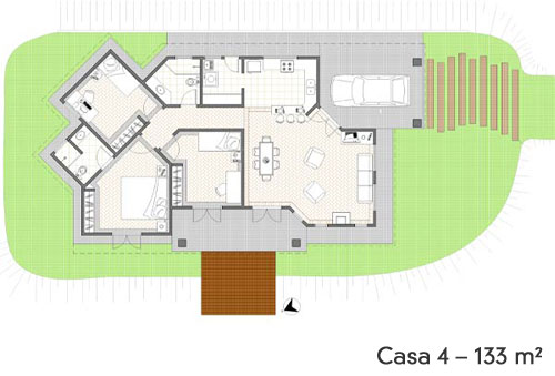 A planta baixa da casa evidencia a integração dos espaços na área social: a cozinha abre-se para a sala de jantar, integrada com o estar. “A integração dos ambientes favorece a sensação de amplitude do espaço”, aponta a profissional.