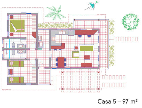 A planta baixa permite visualizar a divisão entre os dois quartos e a área social, agrupada em um bloco único.