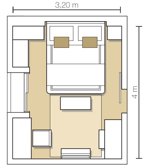 Quarto com 12,80 m&sup2; projetado pela arquiteta Paula Abbud.