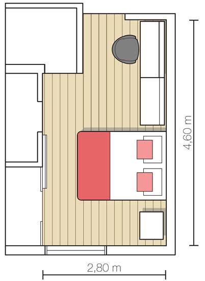 Quarto com 12,88 m&sup2; projetado pela designer de interiores Paula Almeida.