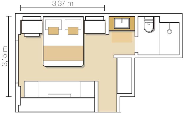 Quarto de 11,60 m&sup2; projetado pelo arquiteto Flavio Hermolin.