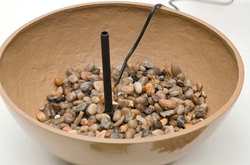 No centro do vaso, assente o motor. Os pedriscos v&atilde;o esconder e firm&aacute;-lo no...