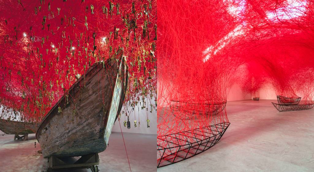 colagem-duas-instalações-de-chiharu-shiota-lã-vermelha-e-barcos