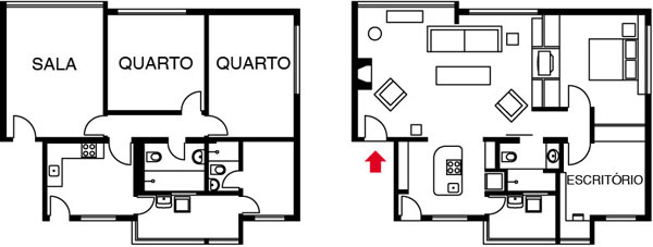 Um dos quartos da planta original se uniu à sala e o quarto de empregada vir...