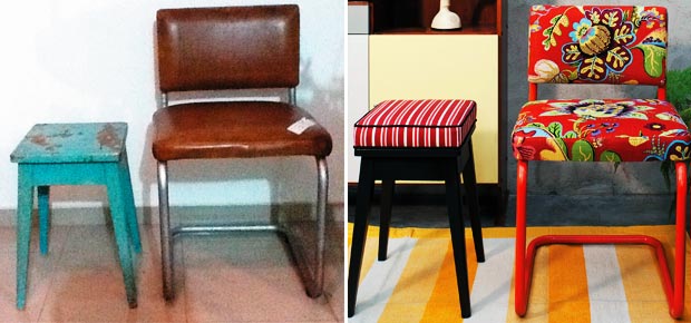 Banqueta e cadeiras velhinhas ganham tecidos com listras e floral