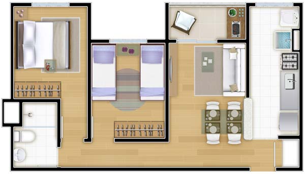 O apartamento de dois dormitórios do Líber Bosque Clube tem 50 m².