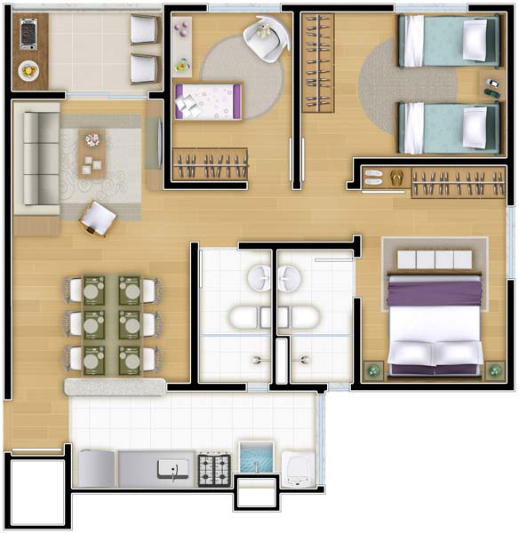 O apartamento de 3 dormitórios do Líber Bosque Clube tem 62 m², ambientes ...