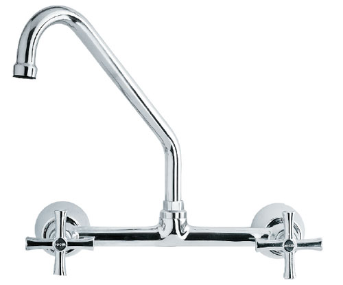 Duas cruzetas acionam a água quente e fria no misturador de duplo comando de parede Pertutti Chrome, da Docol. Dicico, R$ 88,99