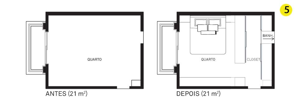 Quarto 1. 5. Diferentemente das demais, duas portas do closet s&atilde;o espelhadas. Uma delas leva ao banheiro.