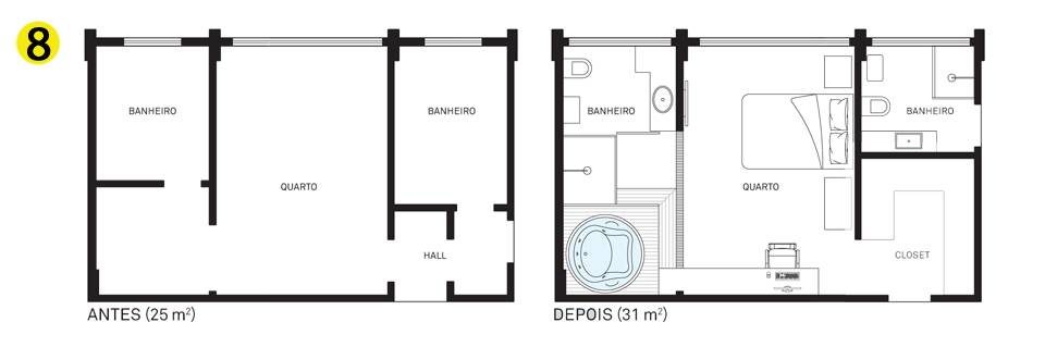 Quarto 2. 8. Antes, um hall levava &agrave; su&iacute;te da menina e &agrave; dos h&oacute;spedes. para criar o closet, ele foi eliminado e o banheiro de h&oacute;spedes, redimensionado.