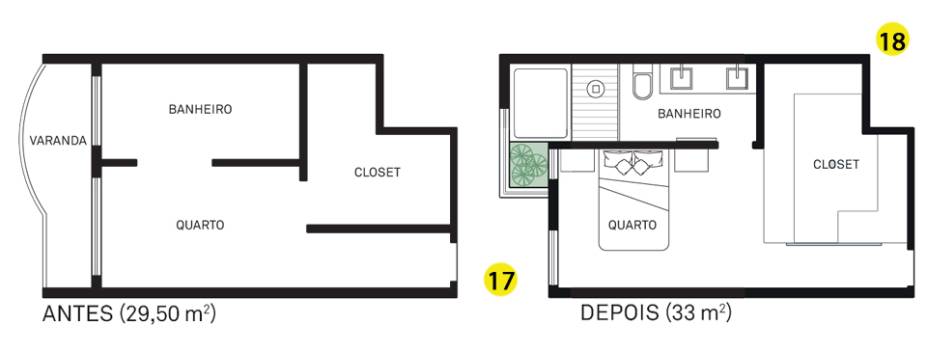 Quarto 3. 17. A construção de uma parede de alvenaria (veja a planta) não prejudicou a luminosidade no quarto graças à nova janela e um vidro fxo nas laterais. 18. Já o closet (armários da SCA) cresceu 60 cm e teve as portas reposicionadas.