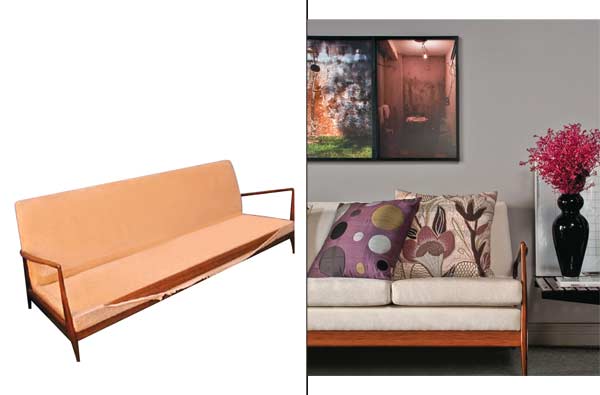 Na sala de estar, o sofá vintage com tecido da AGain faz parceria com as alm...