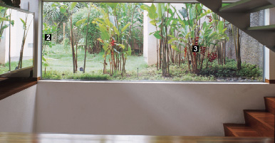 Na escada que leva &agrave; garagem, um pano de vidro deixa ver a lateral do jardim...