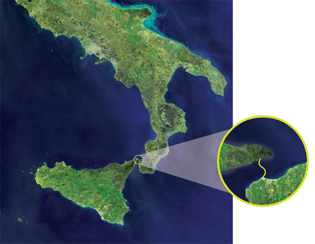 Infográfico ilustrativo do estreito de Messina.
