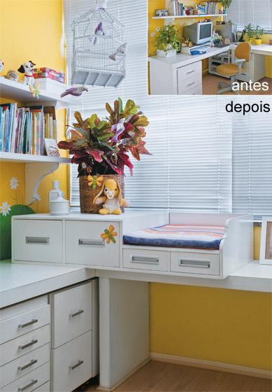 O módulo em que a mãe troca as fraldas do filho foi feito com pínus, compensado e laminado. Os gaveteiros passaram por uma reforma: conquistaram rodízios de silicone. Práticos, o piso laminado e a persiana foram preservados.