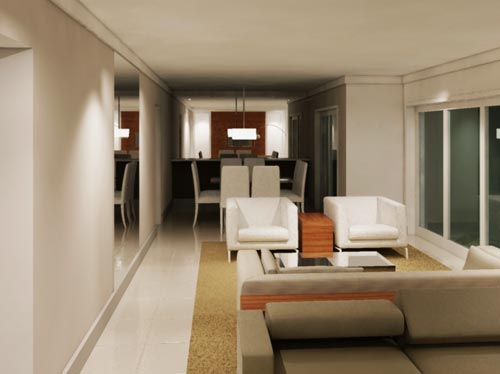 Esse projeto da arquiteta Flavia Medina (SP), foi desenhado no software 3ds Max. A proposta da profissional foi integrar sala de jantar, de estar e de TV, pare que os dois filhos jovens da dona da casa pudessem receber os amigos de forma confortável.