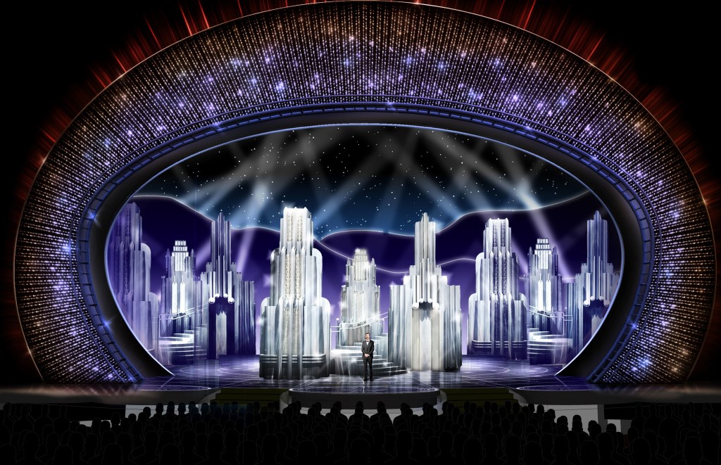 Cenário do Oscar com arranha-céus projetados no fundo