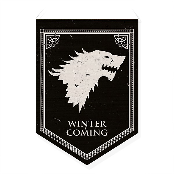 A bandeirola Casas Westeros Lobo custa R$ 17,90 na Casa Geek.