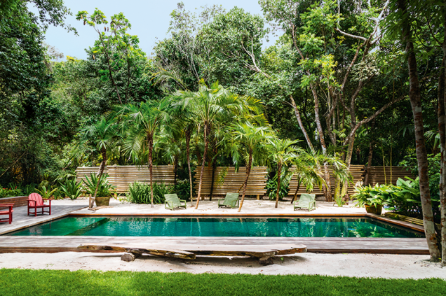 Em meio ao sol quente da Bahia, os fundos desta casa em Trancoso reservam sombra e água fresca aos moradores. A abundância de árvores nativas e palmeiras licuri proporciona um clima ameno à piscina (1,25 x 4,50 x 15 m) de concreto cercada pelo deck de cumaru.