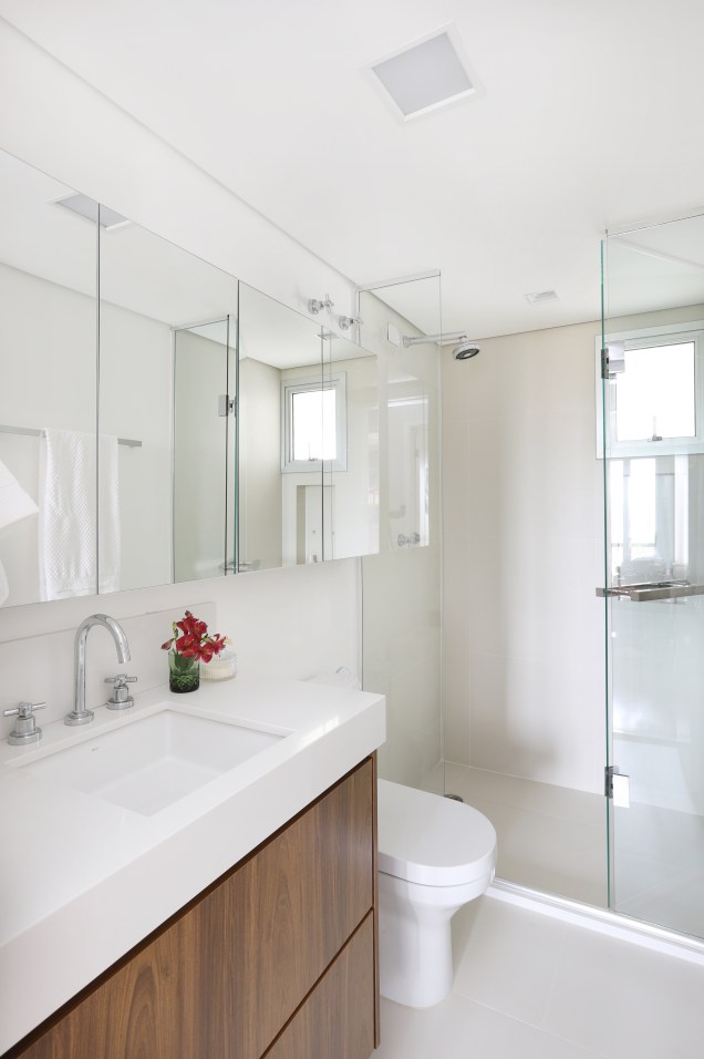 Banheiros – manter os dois banheiros com o mesmo padrão, neutros e claros, devido à falta de luminosidade natural, eram os principais desejos da cliente. Para isso, foi escolhido o mesmo porcelanato para piso e paredes do box. As bancadas são em quartzo branco. Armários espelhados ampliam o ambiente, duplicam a pouca luz natural que entra nas pequenas esquadrias, e ainda deixam os espaços muito funcionais. Banheiros – manter os dois banheiros com o mesmo padrão, neutros e claros, devido à falta de luminosidade natural, eram os principais desejos da cliente. Para isso, foi escolhido o mesmo porcelanato para piso e paredes do box. As bancadas são em quartzo branco. Armários espelhados ampliam o ambiente, duplicam a pouca luz natural que entra nas pequenas esquadrias, e ainda deixam os espaços muito funcionais.