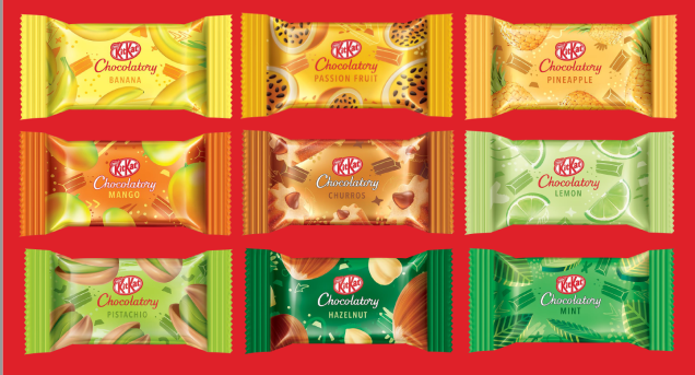 São 18 sabores inéditos exclusivos, em formato 2 fingers, para você escolher em embalagens personalizadas. Alguns exemplos são: Pistache, Menta, Banana, Goiaba e Churros. São 18 sabores inéditos exclusivos, em formato 2 fingers, para você escolher em embalagens personalizadas. Alguns exemplos são: Pistache, Menta, Banana, Goiaba e Churros.