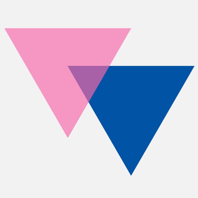 Biangles, por Liz Nania – As biangles foram desenhadas por Liz Nania quando ela organizava o primeiro contingente bissexual nacional para o março de 1987 em Washington. Para mim, eles são uma expressão poderosa da inteligência do design LGBTQ. O design toma o triângulo como ponto de partida. O triângulo rosa foi usado pelos nazistas durante a Segunda Guerra Mundial para marcar os homossexuais masculinos. As lésbicas foram categorizadas com um triângulo preto com outros "asociais", como profissionais do sexo e "não-conformistas". Nania sobrepôs triângulos rosa e azuis, cada um representativo de um polo do binário normativo de gênero. O espaço da sobreposição é de um roxo profundo, feito da combinação de rosa e azul. Essa sobreposição comunica uma inclusão em termos do potencialmente adorado – tocando com a poderosa simbologia LGBTQ. Mais tarde, tornou-se a base de uma bandeira listrada, usando as mesmas cores, criada por Michael Page.