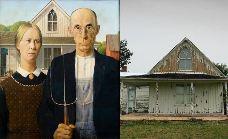 <strong>Gótico americano por Grant Wood (Eldon, Iowa).</strong> O gótico americano retrata um casal em uma cidade chamada Eldon, localizada a 160 km de Des Moines. Ao fundo, está a Dibble House.