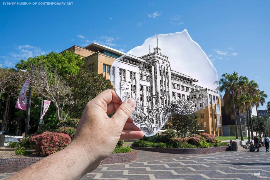 MCA de Sidney: montes de obras de arte embrulhadas em uma só do tamanho de um prédio! A antiga construção da Maritime Services Board é um ícone de Art Deco do porto de Sidney no pós-guerra. Além das palmeiras à direita, está a Mordant Wing, de cinco andares, em preto e branco, adicionada em 2012. Esta extensão foi criada pelo arquiteto Sam Marshall, com sede em Sidney, e é notável por sua mistura de soluções interativas contemporâneas e design modular inspirado na estética dos anos 1960.