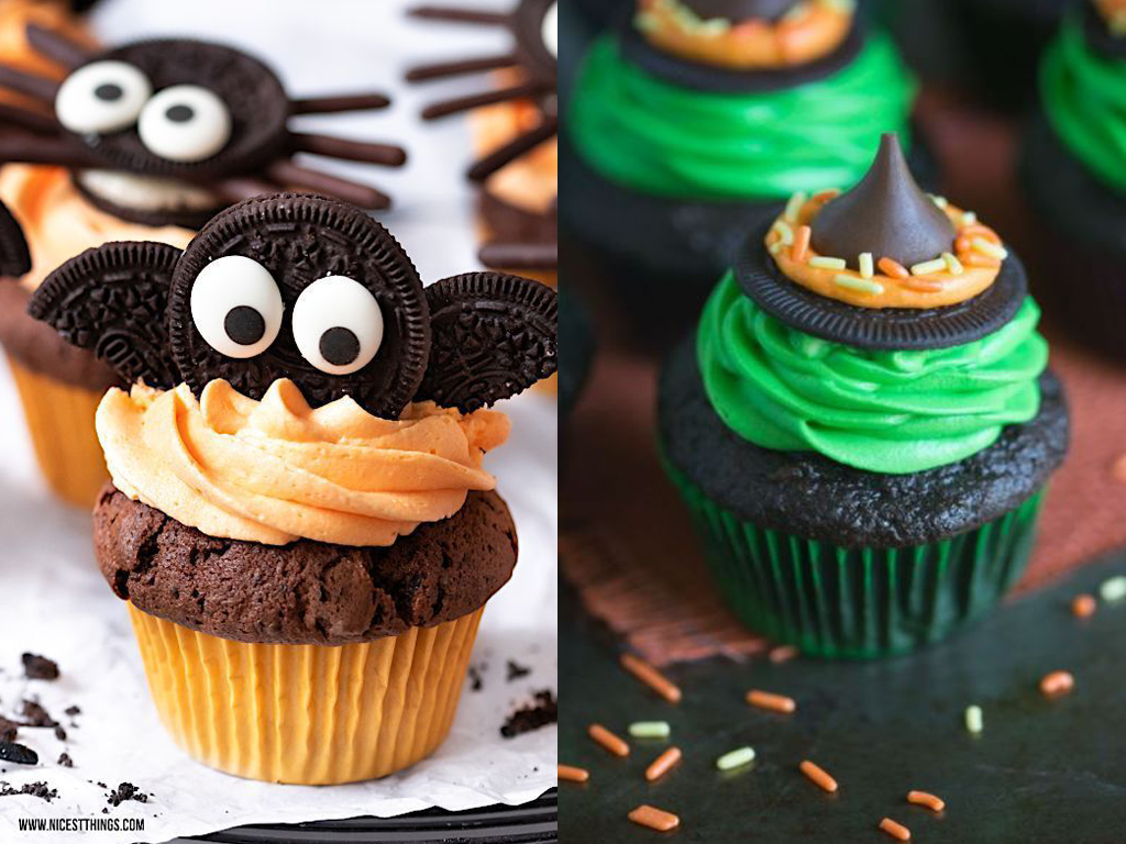 Cupcakes temáticos de halloween, com biscoito em formato de morcego e gota de chocolate simulando um chapéu de bruxa