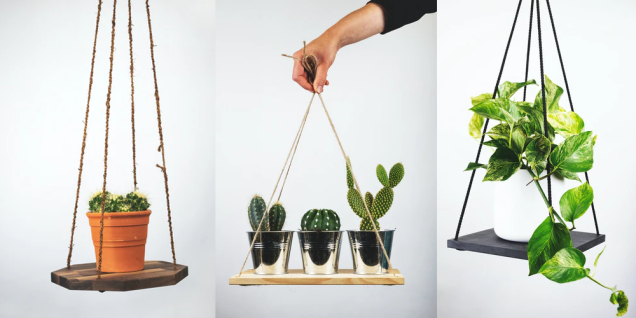 Com uma prateleira e pedaços de corda, você pode montar um apoio para colocar suas plantas.