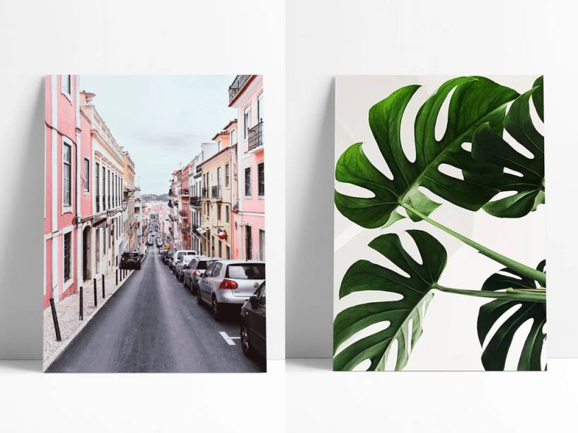 Pôsteres <a href="https://www.storehousehomedecor.com.br/produto/poster-pink-street-212">Pink Street</a> e <a href="https://www.storehousehomedecor.com.br/produto/poster-monstera-223">Monstera</a>, da Storehouse: R$ 19 cada