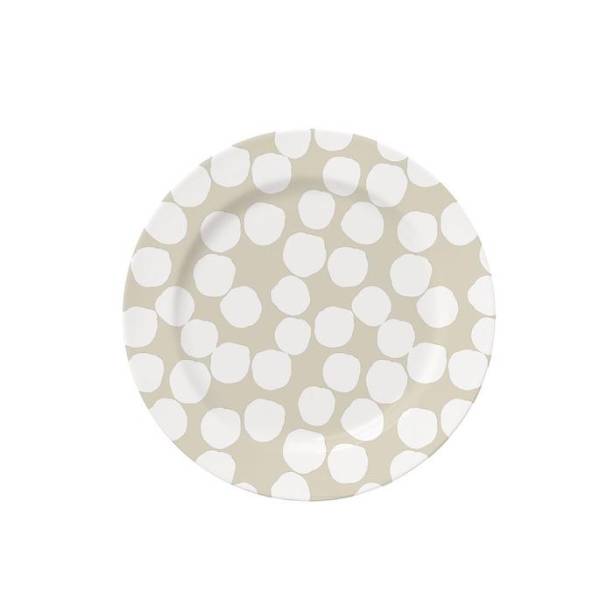 Prato de sobremesa de porcelana, da Coisas da Doris: <a href="https://coisasdadoris.com.br/collections/coisas-de-casa-principal/products/prato-sobremesa-confetti-grey?variant=20977630281846">R$ 15</a>